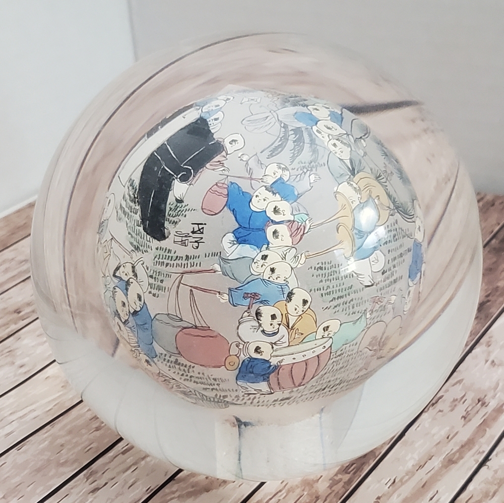 Vintage Chinese Reverse Painted Glass Globe Paperweight